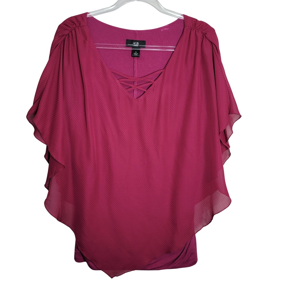 AGB Womens 1X Magenta Pink Cape Sleeve Blouse Lattice V-Neck Layered Top